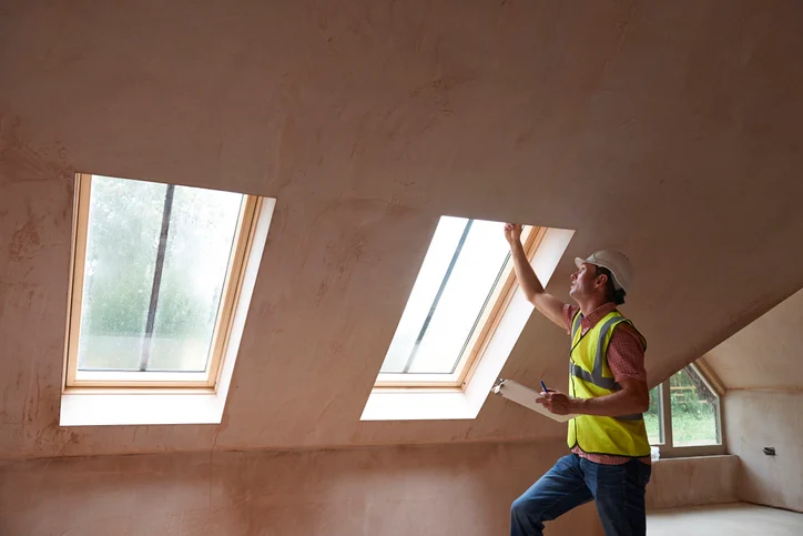Inspector documenting moisture and damage around skylight windows in a property
